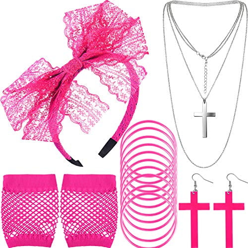 80s Lace Headband Earrings Fishnet Gloves Necklace Bracelet for 80s Party